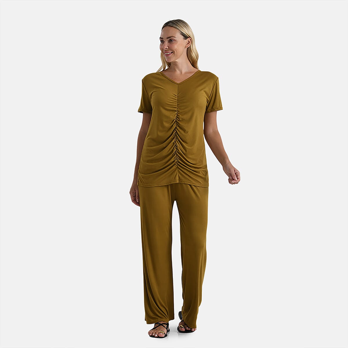 TAMSY Citrine Jersey Knit 2 Piece Set with Front Rouche – One Size Fits Most image number 3