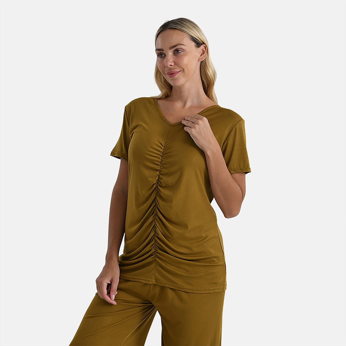 TAMSY Citrine Jersey Knit 2 Piece Set with Front Rouche – One Size Fits Most image number 4