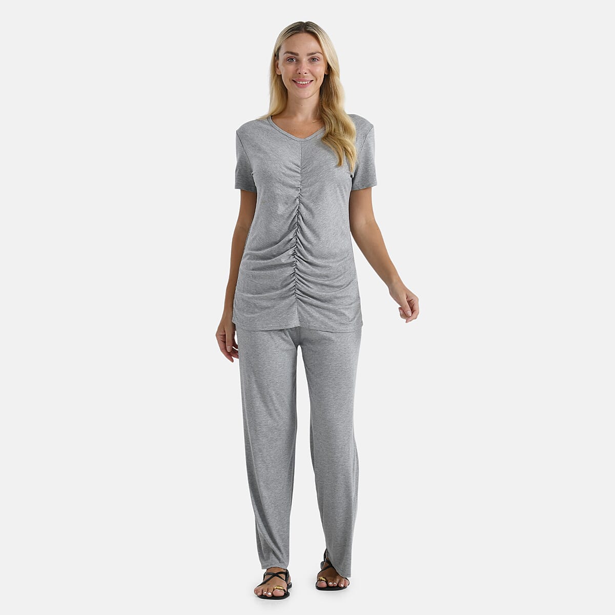 TAMSY Gray Jersey Knit 2 Piece Set with Front Rouche &ndash; One Size Fits Most image number 3
