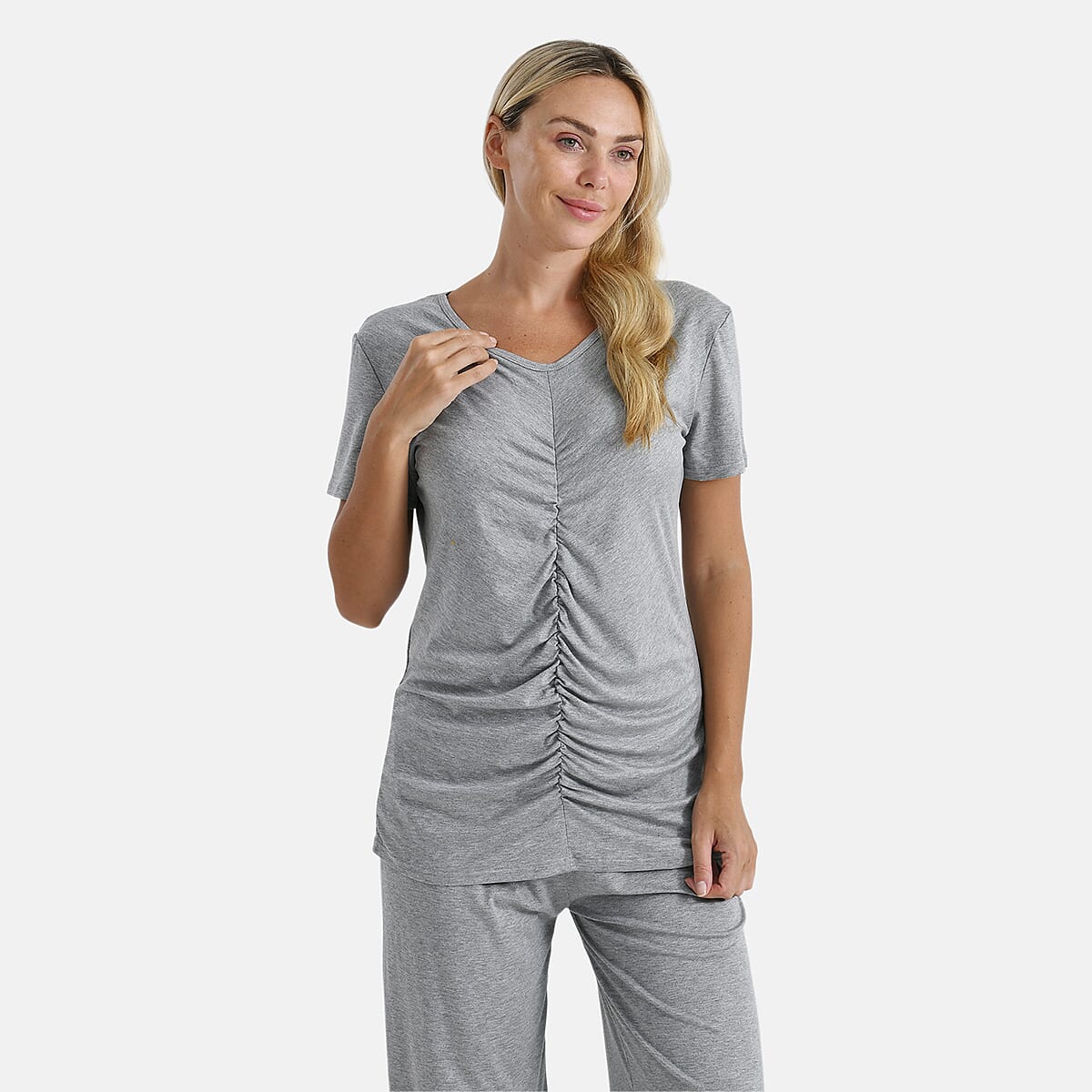TAMSY Gray Jersey Knit 2 Piece Set with Front Rouche &ndash; One Size Fits Most image number 4