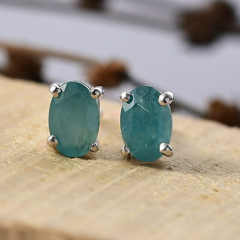 D'Joy Premium Grandidierite 0.90 ctw Solitaire Stud Earrings in Rhodium Over Sterling Silver