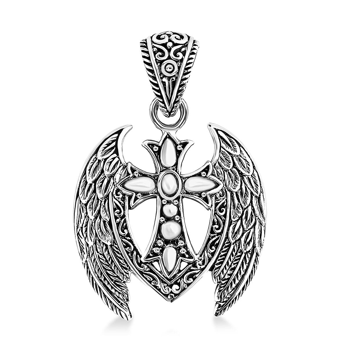 D'Joy Bali Legacy Cross with Angel Wings Pendant without Chain in Sterling Silver 7.75 Grams image number 0