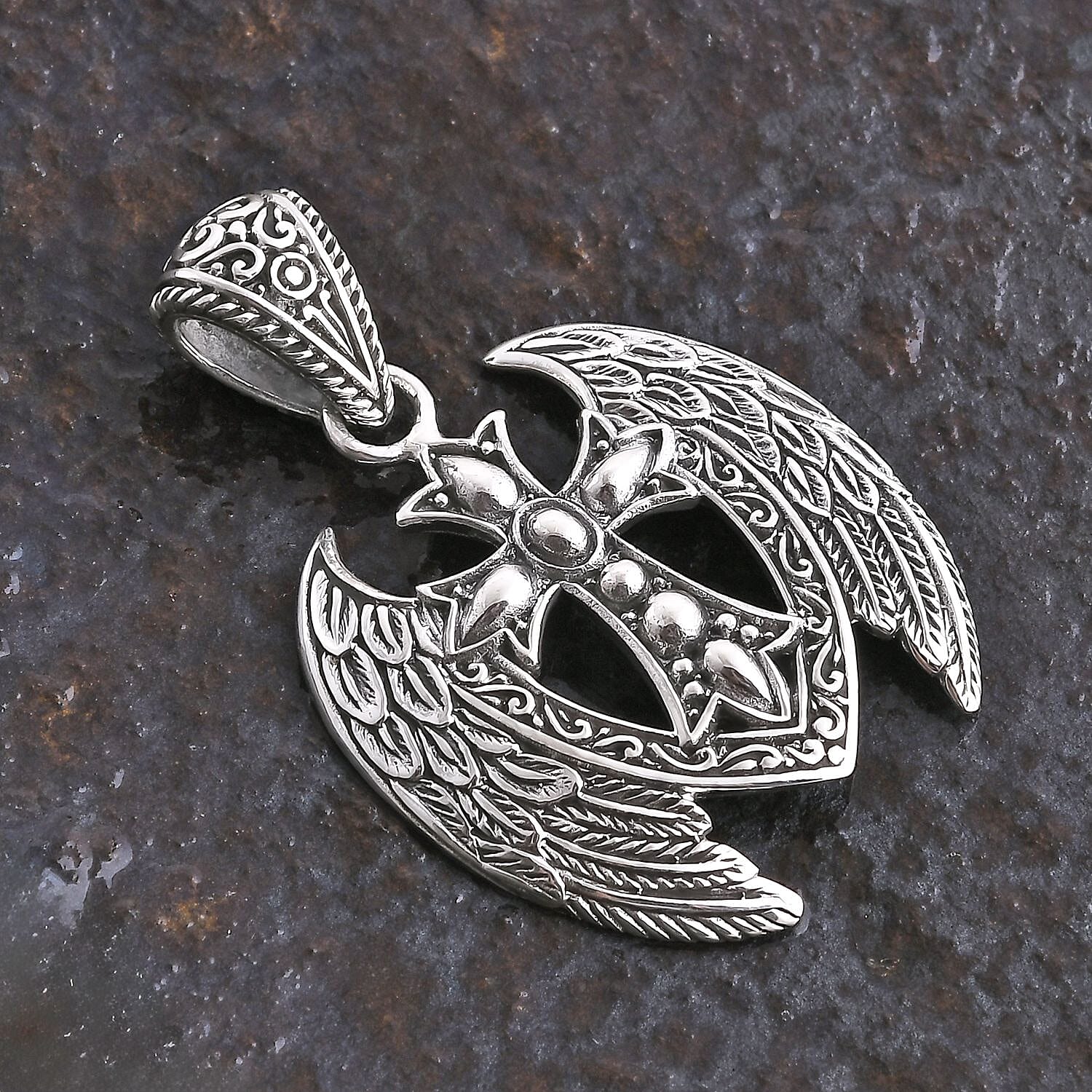 D'Joy Bali Legacy Cross with Angel Wings Pendant without Chain in Sterling Silver 7.75 Grams