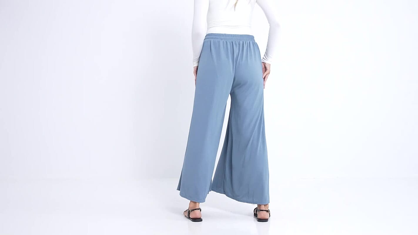 TAMSY Slate Blue Wide Leg Pleated Front Knit Trouser (Length 38.18", Waist 14.17")