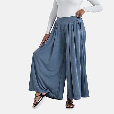 TAMSY Slate Blue Wide Leg Pleated Front Knit Trouser