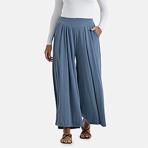TAMSY Slate Blue Wide Leg Pleated Front Knit Trouser