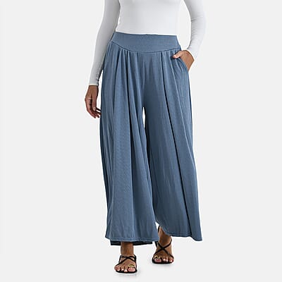 TAMSY Slate Blue Wide Leg Pleated Front Knit Trouser