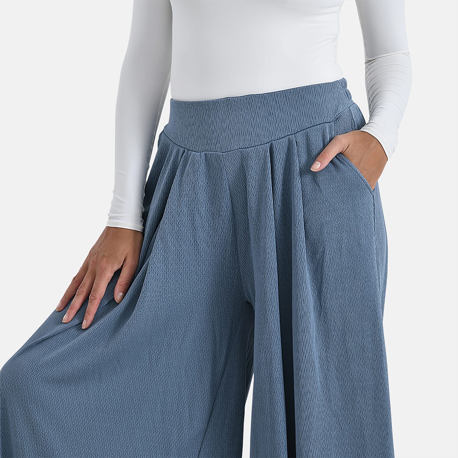 TAMSY Slate Blue Wide Leg Pleated Front Knit Trouser
