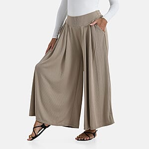 TAMSY Beige Wide Leg Pleated Front Knit Trouser