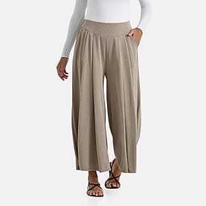 TAMSY Beige Wide Leg Pleated Front Knit Trouser