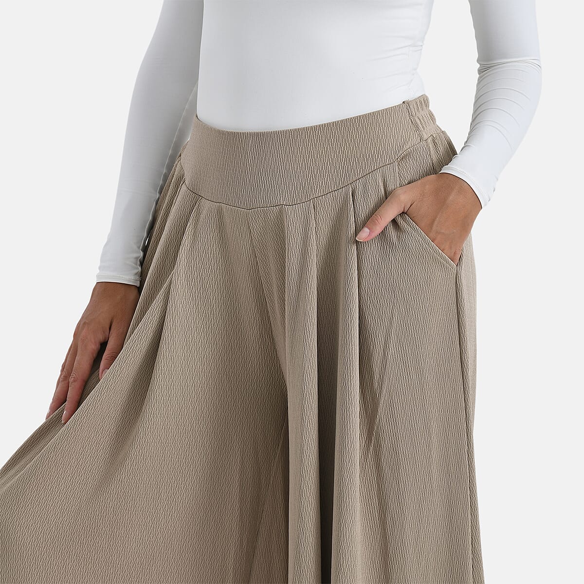 TAMSY Beige Wide Leg Pleated Front Knit Trouser image number 4