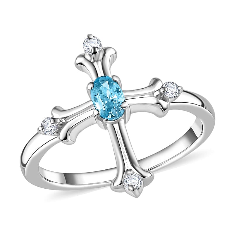 Cambodian Blue Zircon and White Zircon 0.50 ctw Ring in Rhodium Over Sterling Silver (Size 9.0)