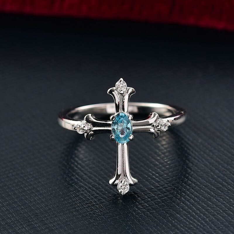 Cambodian Blue Zircon and White Zircon 0.50 ctw Ring in Rhodium Over Sterling Silver (Size 9.0)