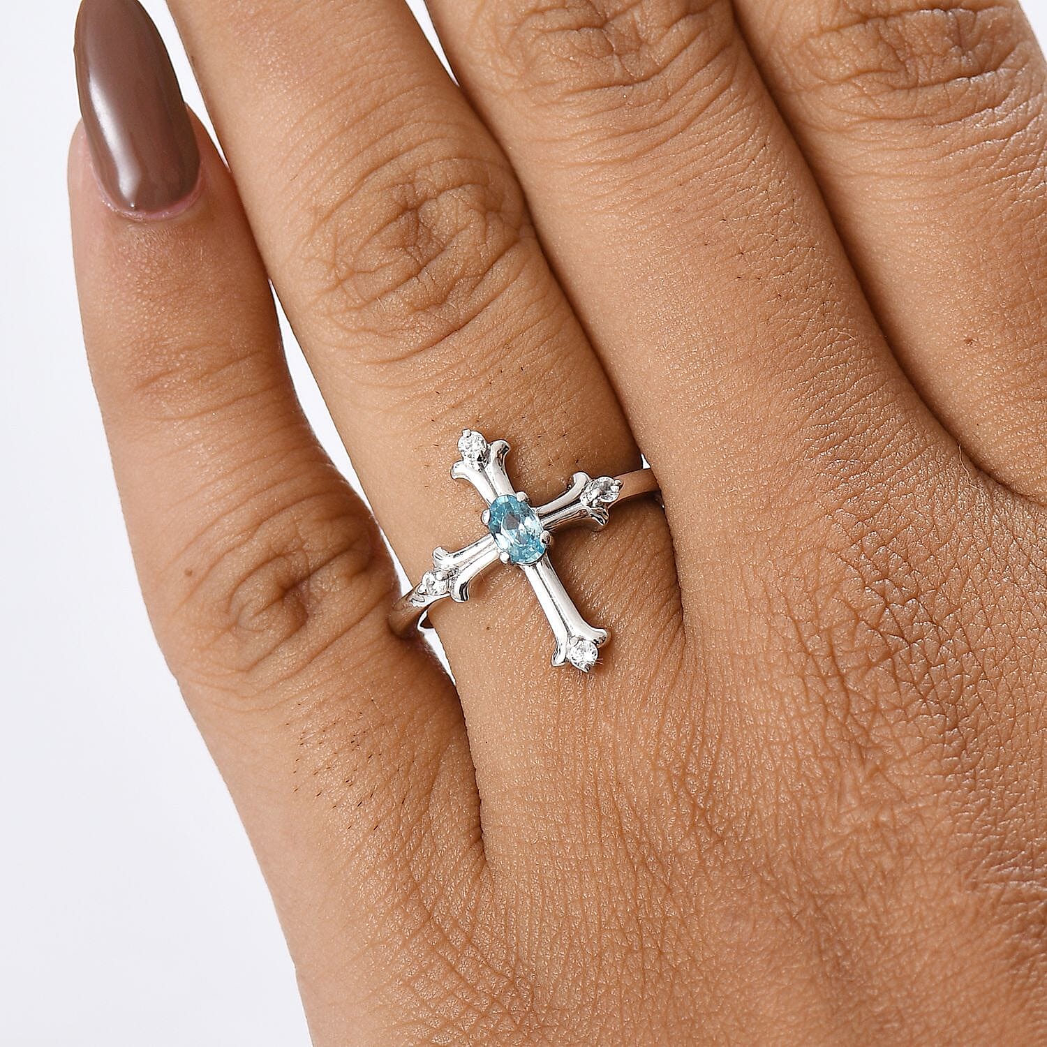 Cambodian Blue Zircon and White Zircon 0.50 ctw Ring in Rhodium Over Sterling Silver (Size 10.0)