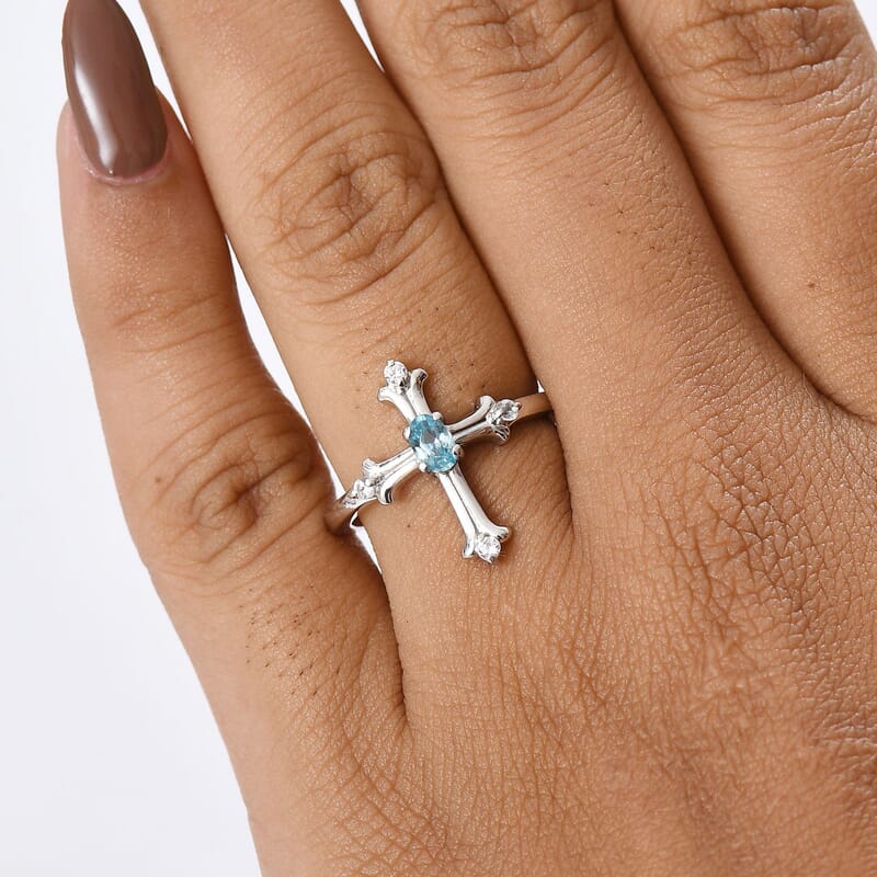 Cambodian Blue Zircon and White Zircon 0.50 ctw Ring in Rhodium Over Sterling Silver (Size 10.0)