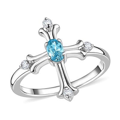 Cambodian Blue Zircon and White Zircon 0.50 ctw Ring in Rhodium Over Sterling Silver (Size 10.0)