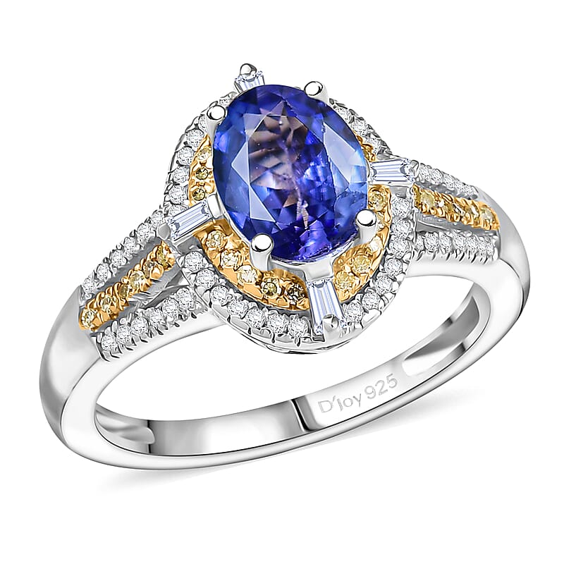 D'Joy Tanzanite, Natural Yellow and White Diamond 1.50 ctw Art Deco Ring in Rhodium Over Sterling Silver (Size 10.0)