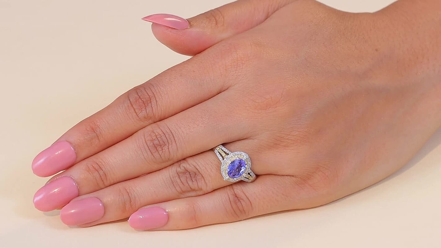 D'Joy Tanzanite, Natural Yellow and White Diamond (0.34 cts) Art Deco Ring in Rhodium Over Sterling Silver (Size 10.0) 1.50 ctw