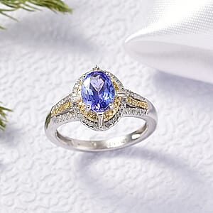 D'Joy Tanzanite, Natural Yellow and White Diamond 1.50 ctw Art Deco Ring in Rhodium Over Sterling Silver (Size 10.0)