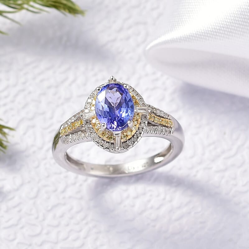 D'Joy Tanzanite, Natural Yellow and White Diamond 1.50 ctw Art Deco Ring in Rhodium Over Sterling Silver (Size 10.0)