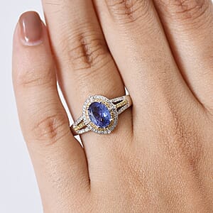 D'Joy Tanzanite, Natural Yellow and White Diamond 1.50 ctw Art Deco Ring in Rhodium Over Sterling Silver (Size 10.0)