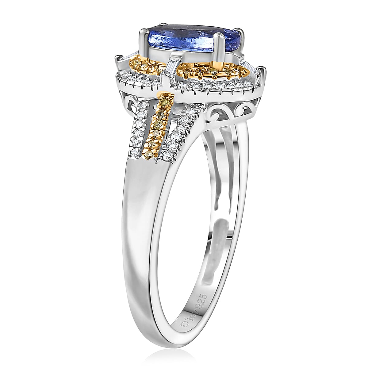 D'Joy Tanzanite, Natural Yellow and White Diamond 1.50 ctw Art Deco Ring in Rhodium Over Sterling Silver (Size 10.0) image number 3