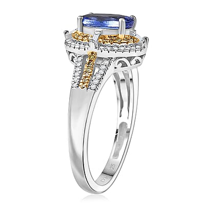 D'Joy Tanzanite, Natural Yellow and White Diamond 1.50 ctw Art Deco Ring in Rhodium Over Sterling Silver (Size 10.0)