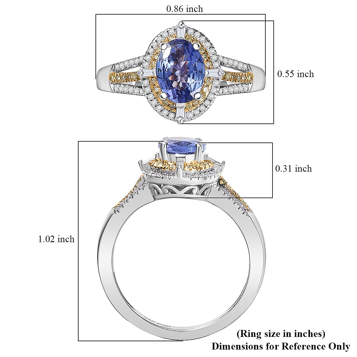 D'Joy Tanzanite, Natural Yellow and White Diamond 1.50 ctw Art Deco Ring in Rhodium Over Sterling Silver (Size 10.0)