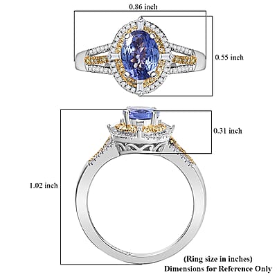 D'Joy Tanzanite, Natural Yellow and White Diamond 1.50 ctw Art Deco Ring in Rhodium Over Sterling Silver (Size 10.0)