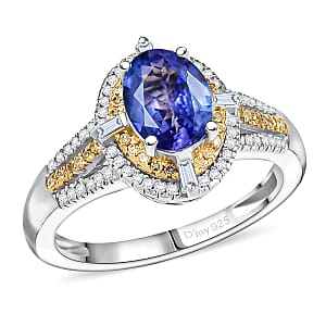 D'Joy Tanzanite, Natural Yellow and White Diamond 1.50 ctw Art Deco Ring in Rhodium Over Sterling Silver (Size 6.0)