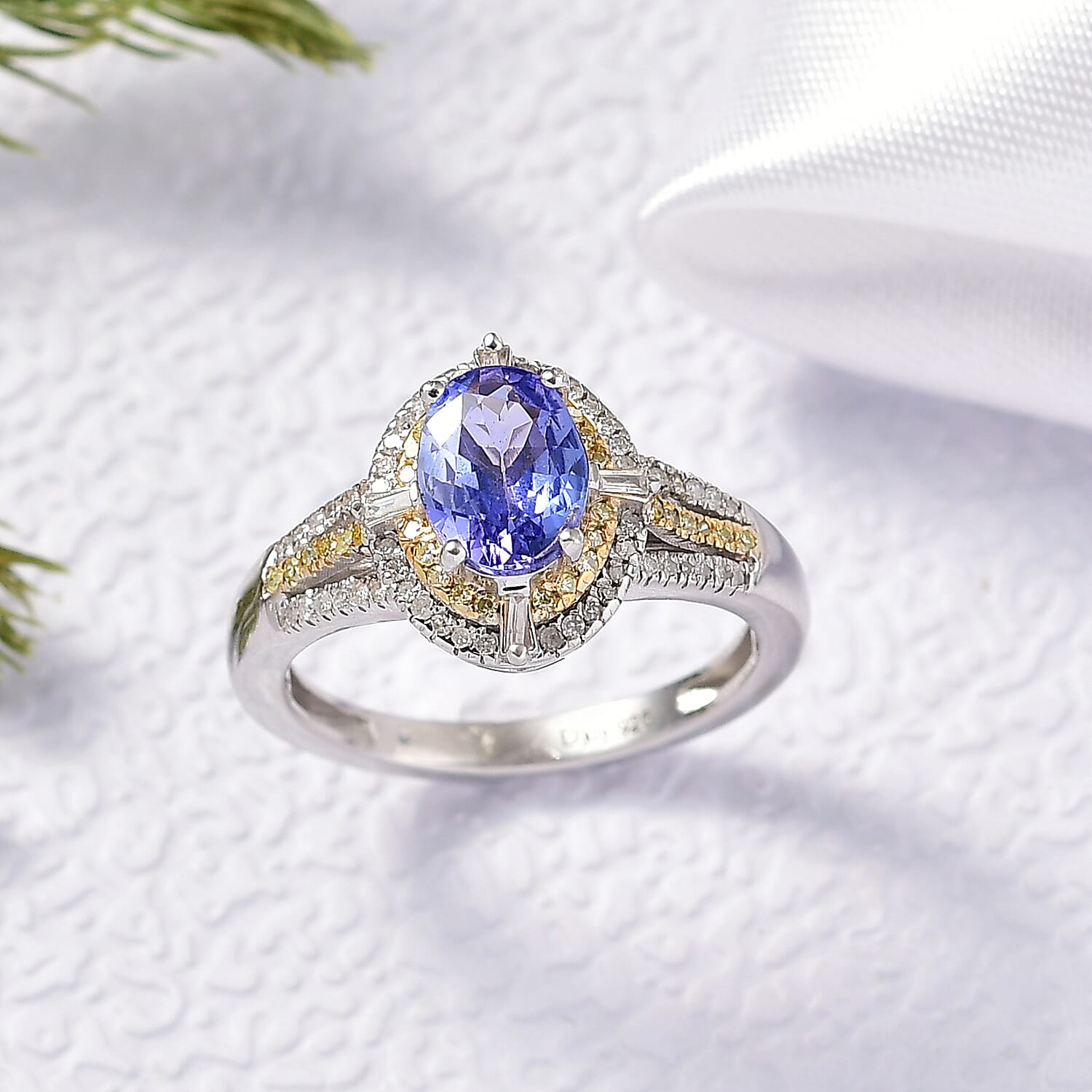 D'Joy Tanzanite, Natural Yellow and White Diamond (0.34 cts) Art Deco Ring in Rhodium Over Sterling Silver (Size 10.0) 1.50 ctw