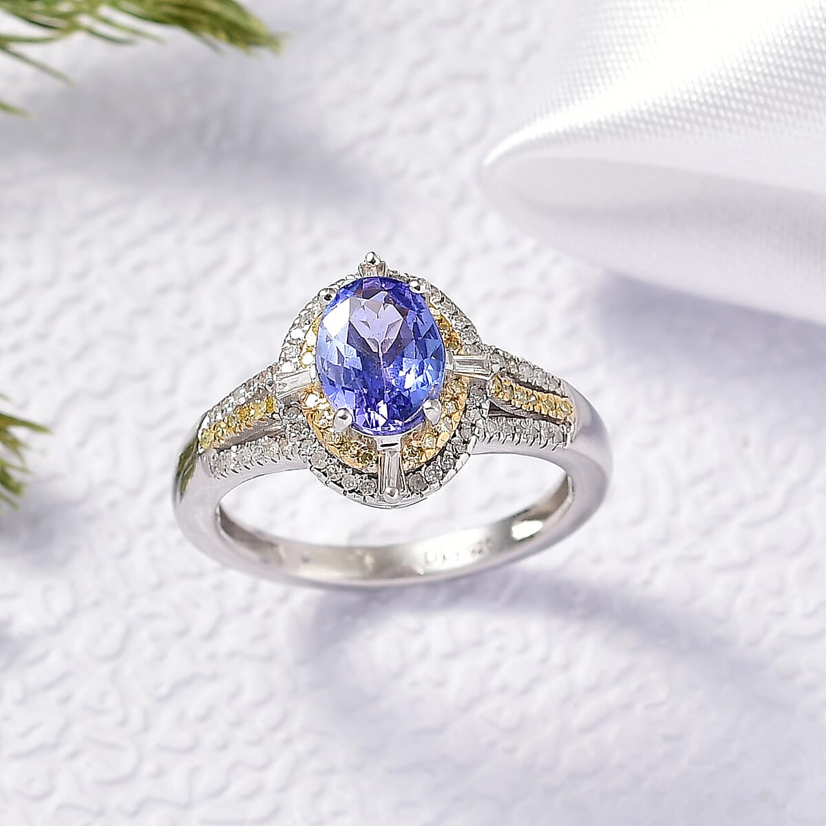 D'Joy Tanzanite, Natural Yellow and White Diamond 1.50 ctw Art Deco Ring in Rhodium Over Sterling Silver (Size 7.0) image number 1