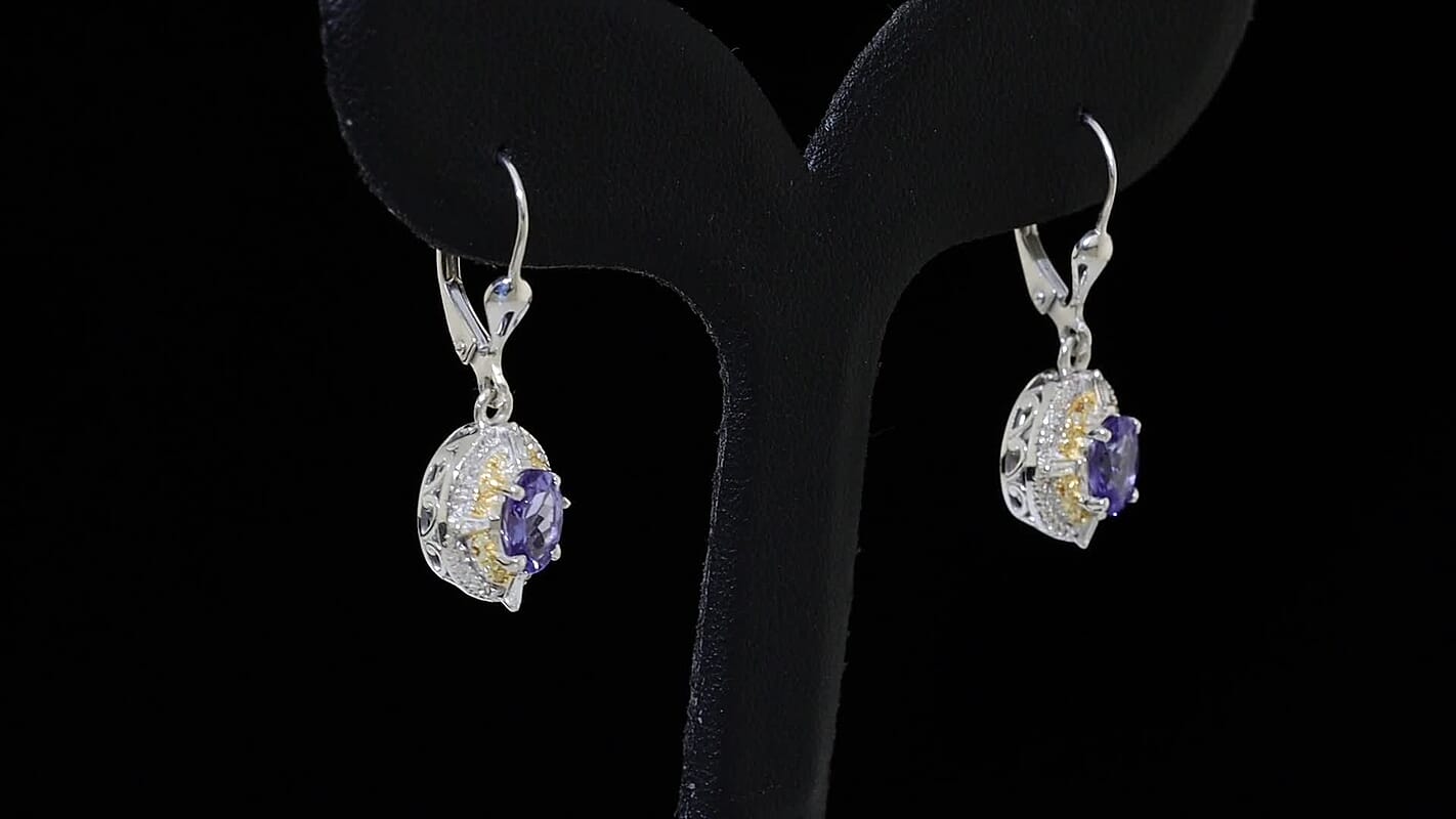 D'Joy Tanzanite, Natural Yellow and White Diamond 1.90 ctw Art Deco Earrings in Rhodium Over Sterling Silver