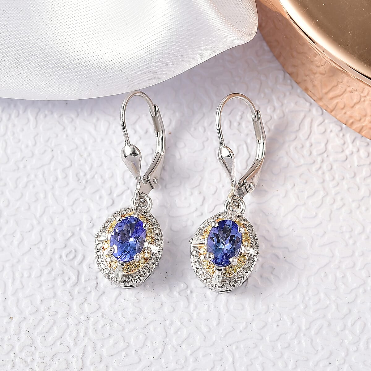 D'Joy Tanzanite, Natural Yellow and White Diamond 1.90 ctw Art Deco Earrings in Rhodium Over Sterling Silver image number 1