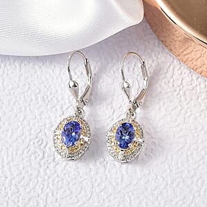 D'Joy Tanzanite, Natural Yellow and White Diamond 1.90 ctw Art Deco Earrings in Rhodium Over Sterling Silver