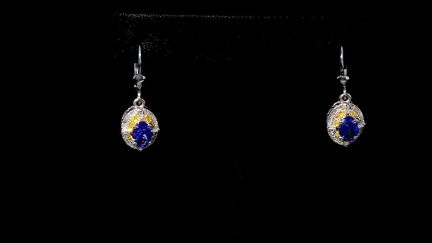 D'Joy Tanzanite, Natural Yellow and White Diamond 1.90 ctw Art Deco Earrings in Rhodium Over Sterling Silver