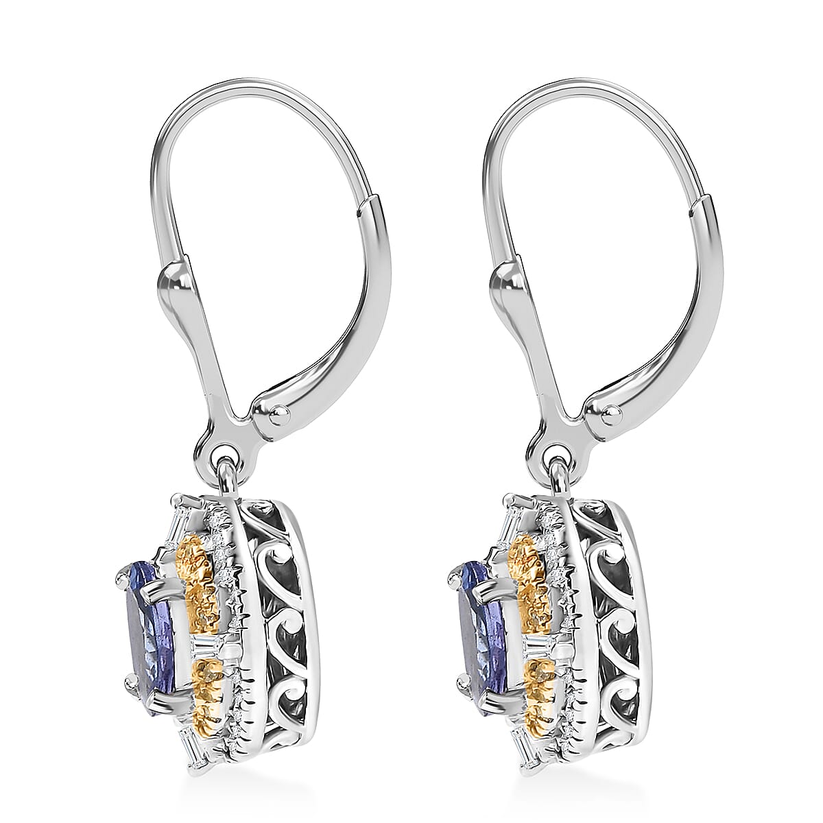 D'Joy Tanzanite, Natural Yellow and White Diamond 1.90 ctw Art Deco Earrings in Rhodium Over Sterling Silver image number 3