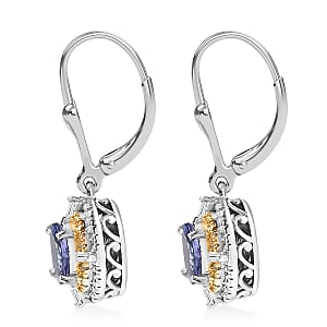 D'Joy Tanzanite, Natural Yellow and White Diamond 1.90 ctw Art Deco Earrings in Rhodium Over Sterling Silver