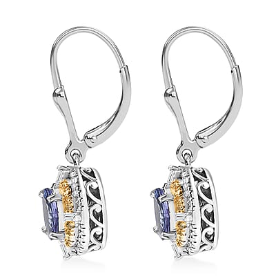 D'Joy Tanzanite, Natural Yellow and White Diamond 1.90 ctw Art Deco Earrings in Rhodium Over Sterling Silver