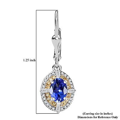 D'Joy Tanzanite, Natural Yellow and White Diamond 1.90 ctw Art Deco Earrings in Rhodium Over Sterling Silver