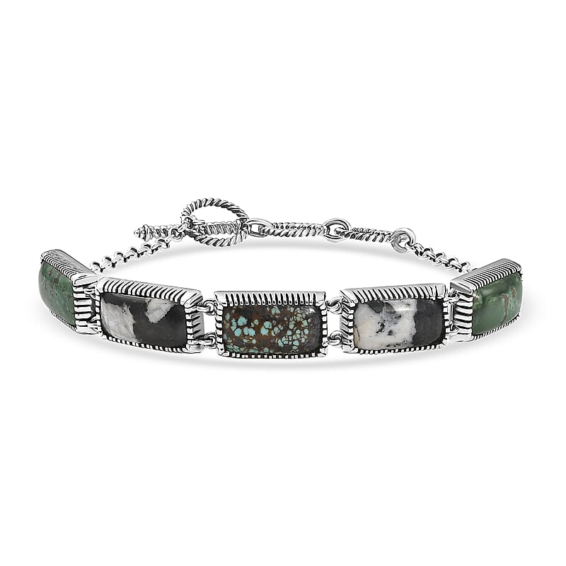 D'Joy Artisan Crafted Tahoe Nevada Turquoise, White Buffalo and Blue Moon Turquoise 20.40 ctw Bracelet in Sterling Silver (7.25 In)