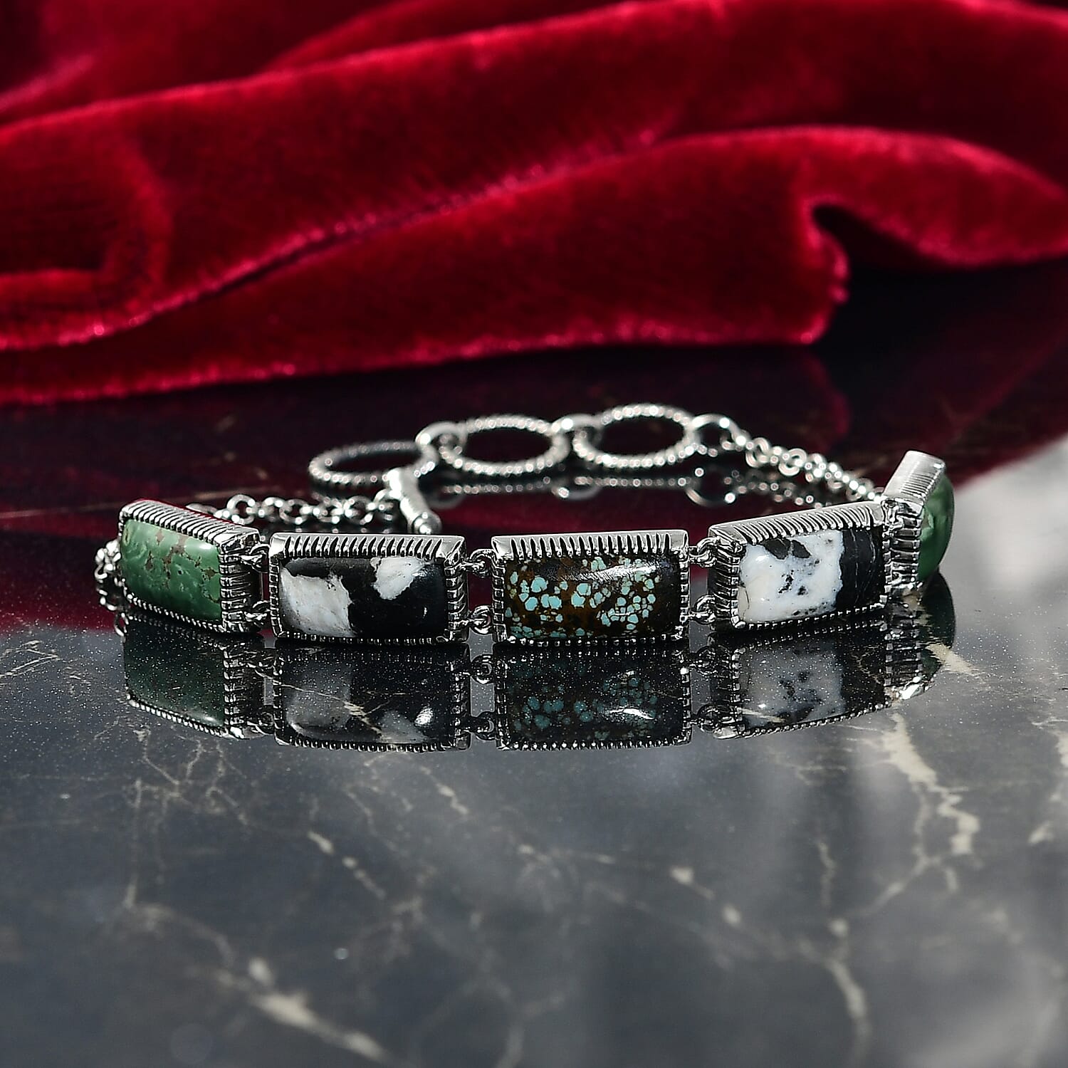 D'Joy Artisan Crafted Tahoe Nevada Turquoise, White Buffalo and Blue Moon Turquoise 20.40 ctw Bracelet in Sterling Silver (7.25 In)