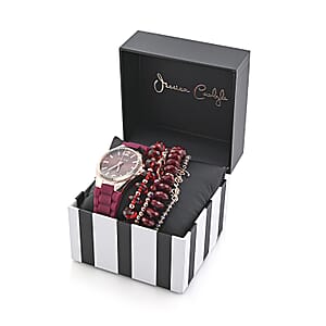 Women's Matte Burgundy Silicone Strap 35mm Analog Watch & Coordinating, Stackable Bracelet Set