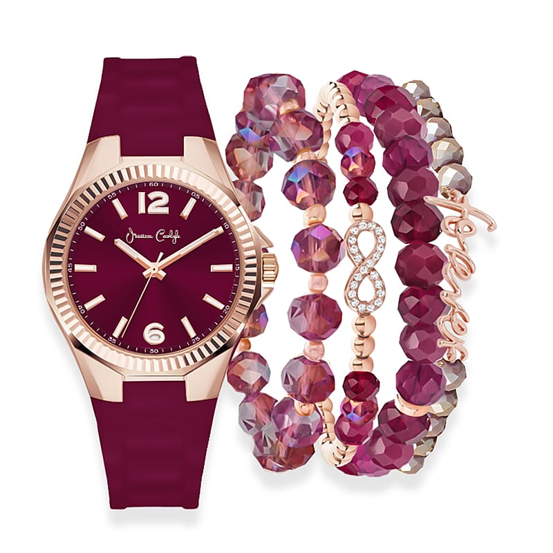 Jessica Carlyle Women's Matte Burgundy Silicone Strap 35mm Analog Watch & Coordinating, Stackable Bracelet Set