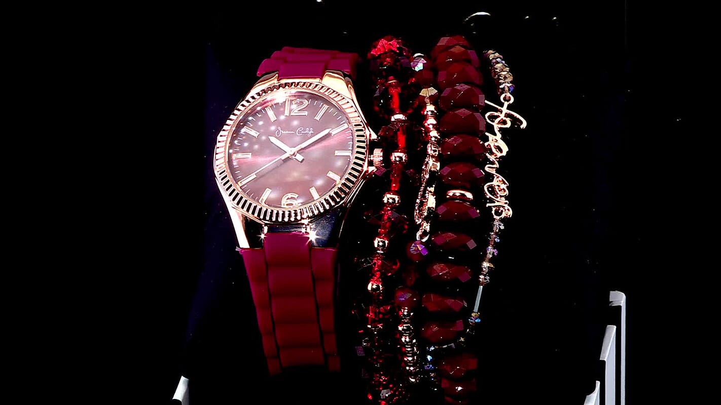 Women's Matte Burgundy Silicone Strap 35mm Analog Watch & Coordinating, Stackable Bracelet Set