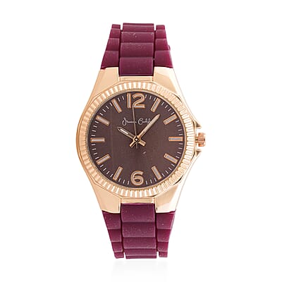 Jessica Carlyle Women's Matte Burgundy Silicone Strap 35mm Analog Watch & Coordinating, Stackable Bracelet Set