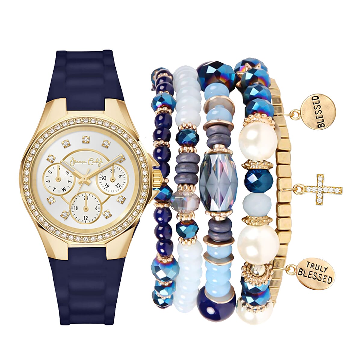 Jessica Carlyle Women's Matte Navy Silicone Strap 35mm Analog Watch & Coordinating, Stackable Bracelet Set image number 0