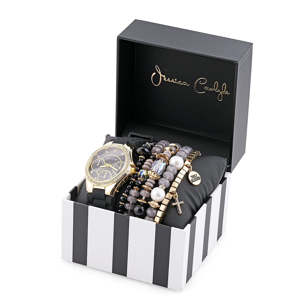 Women's Black Silicone Strap 35mm Analog Watch & Coordinating, Stackable Bracelet Set image number 0