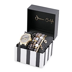 Women's Black Silicone Strap 35mm Analog Watch & Coordinating, Stackable Bracelet Set