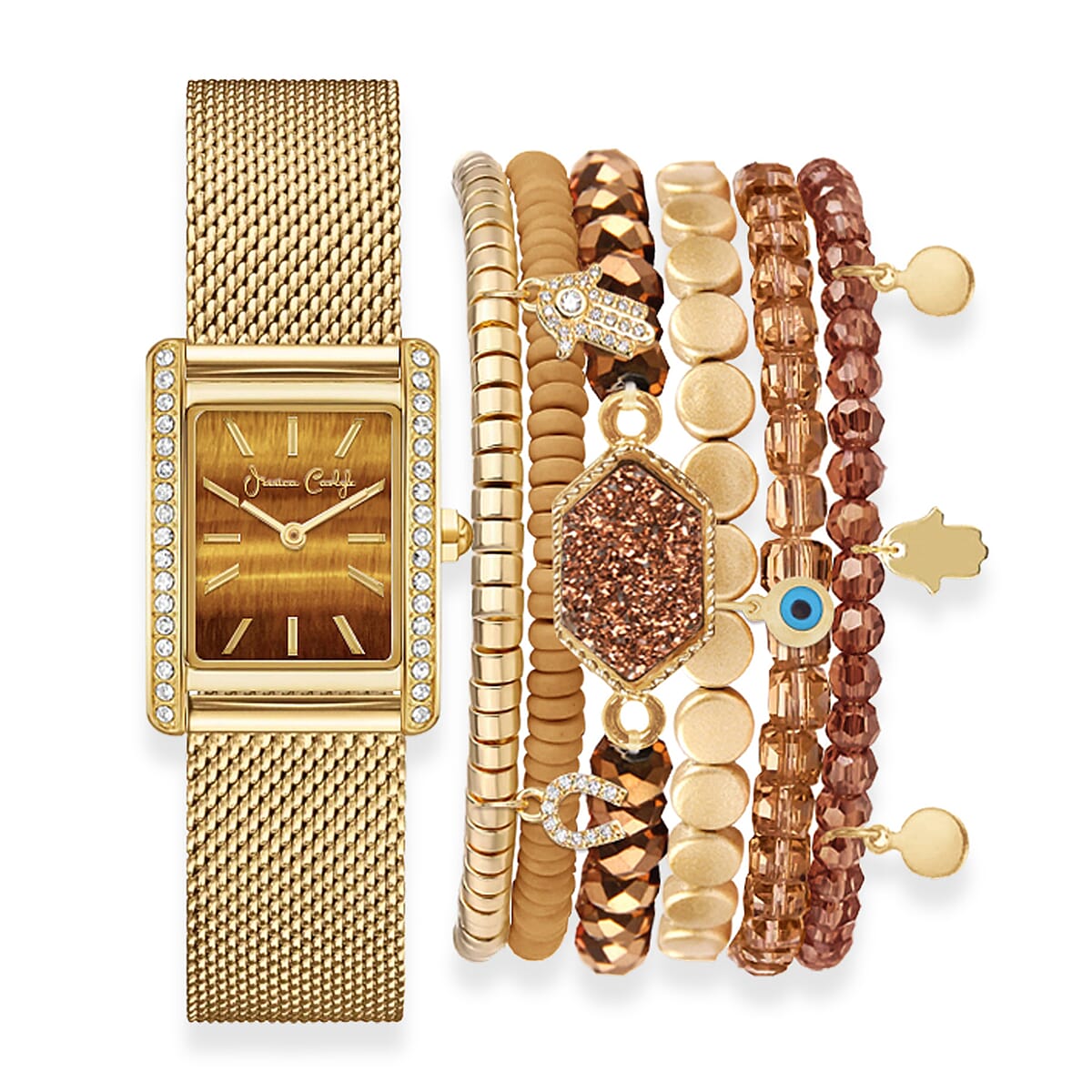 Jessica Carlyle Women's Shiny Gold Tone Mesh Strap 33mm Analog Watch & Coordinating, Stackable Bracelet Set image number 0